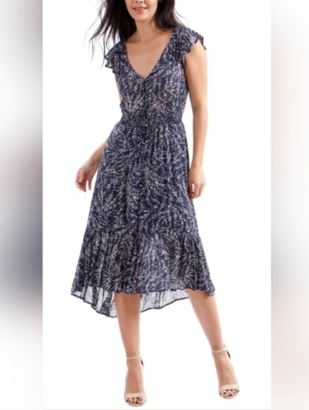 Lucky Brand Navy and White Floral Printed Dress Size Small